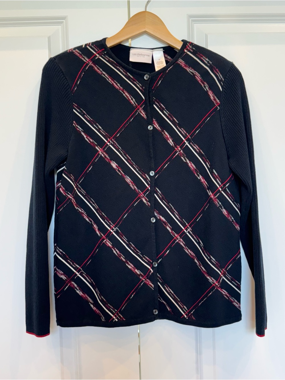 Vintage 1990’s Liz Claiborne Black Cardigan with Red and White Plaid Detail